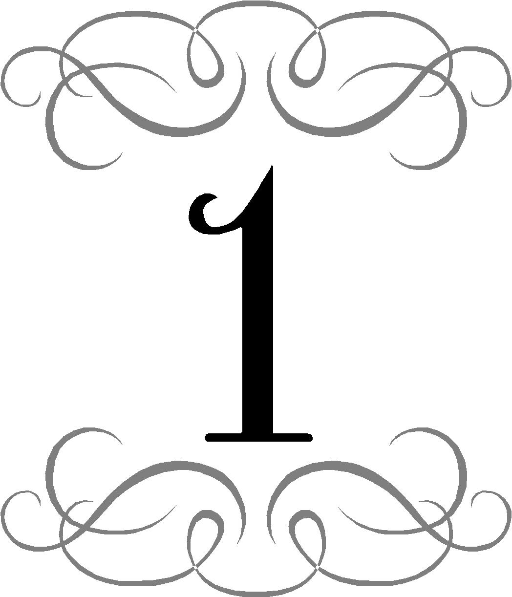 Elegant decorative numeral "1" with ornate gray scrollwork above and below on white background.
