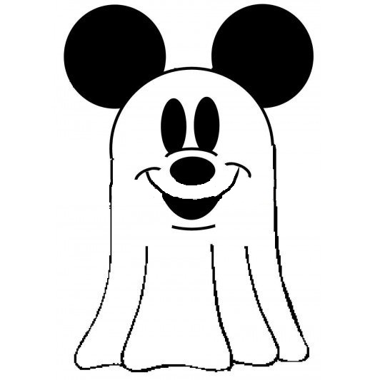 Mickey Mouse ghost costume illustration-classic ears, smiling face, draped sheet with folds.