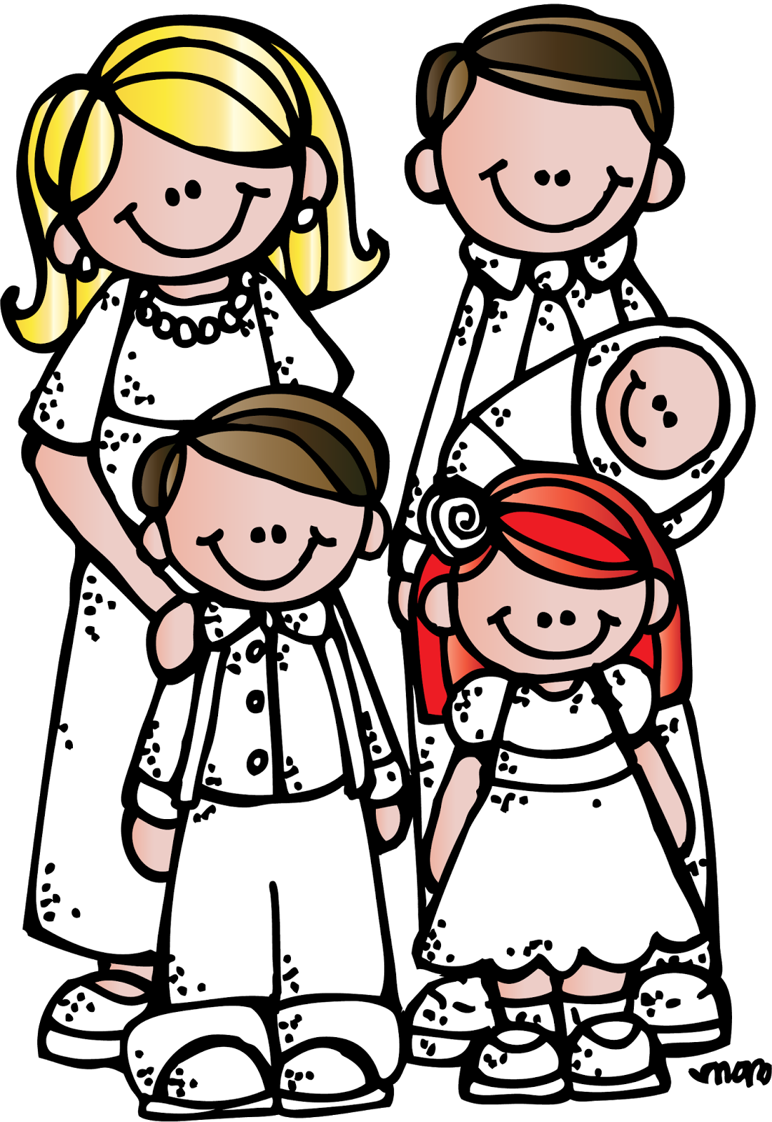 Smiling cartoon family of five in white formal attire, including parents, two children, and a baby.