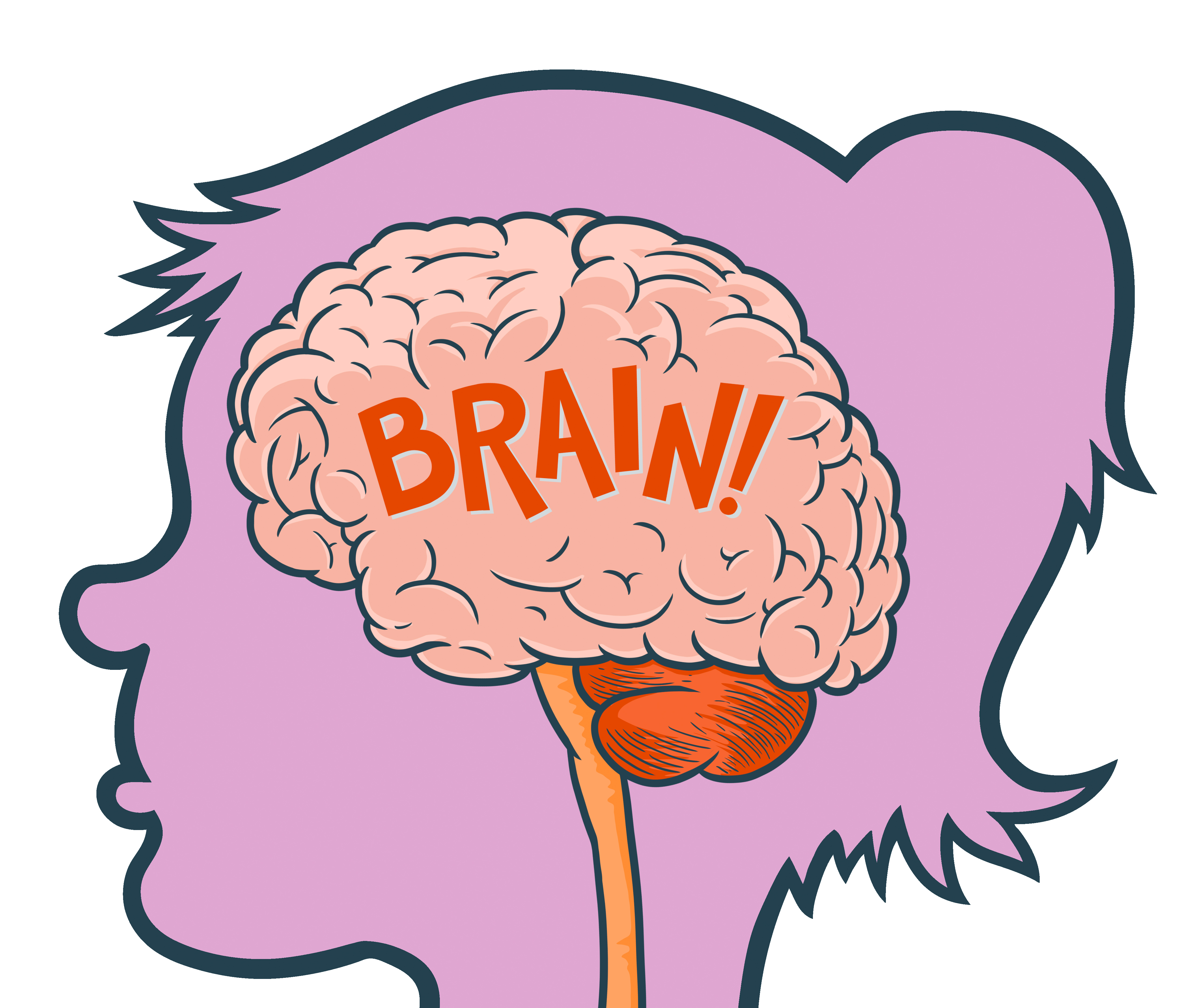 Illustrated human brain inside a purple speech bubble with the word "BRAIN!" in bold orange letters.