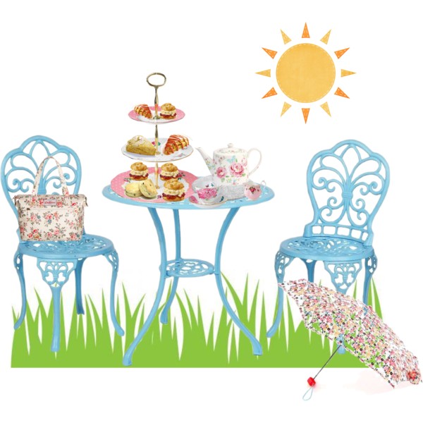 Blue ornate garden furniture set with floral teapot, tiered stand of pastries, floral bag and umbrella under sunny sky.