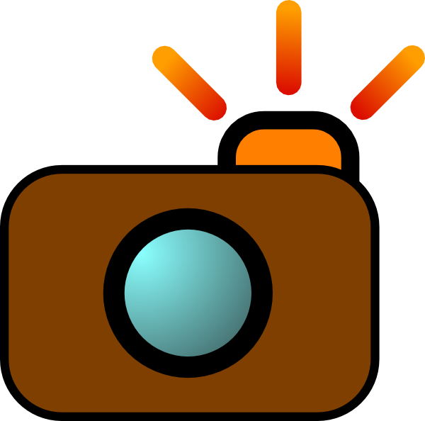 Brown digital camera icon with orange flash burst, stylized vector illustration.