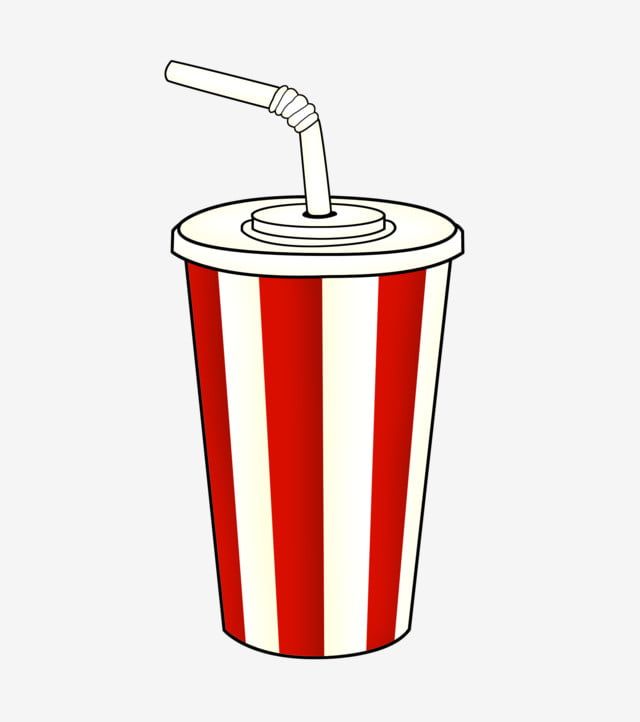 Red and white striped soda cup with lid and bent straw, cartoon-style illustration.