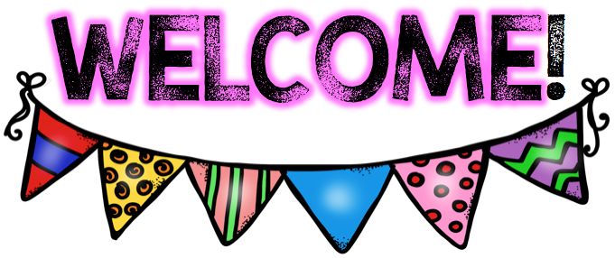 Colorful "WELCOME!" banner with festive bunting flags in vibrant patterns and neon pink glow.