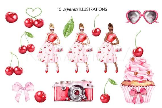 15 Watercolor Fashion & Cherry Illustrations - Downloadable Clipart Set