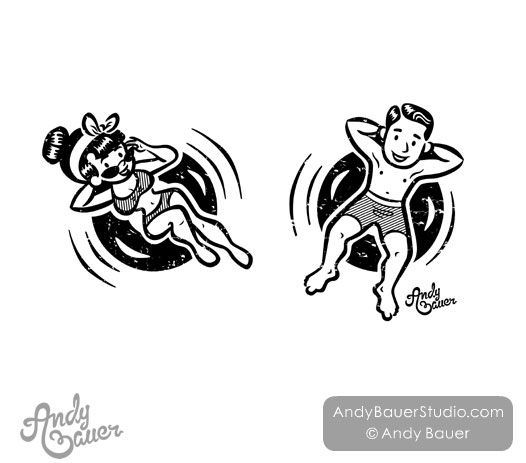 Black-and-white vintage-style illustrations of a smiling woman and man floating on inner tubes, signed by Andy Bauer.