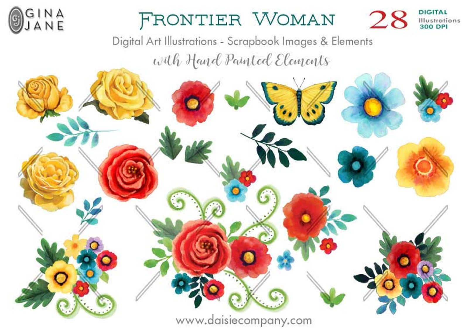 Frontier Woman Digital Art - 28 Hand-Painted Scrapbook Illustrations by Gina Jane