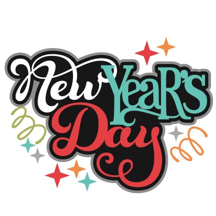 Festive "New Year's Day" typographic design with colorful stars and swirls on white background.