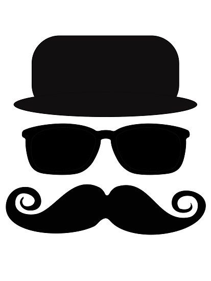 Black silhouette of a bowler hat, sunglasses, and handlebar mustache on white background.
