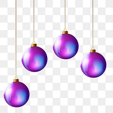 Four glossy purple Christmas ornaments hanging from gold strings against transparent background.