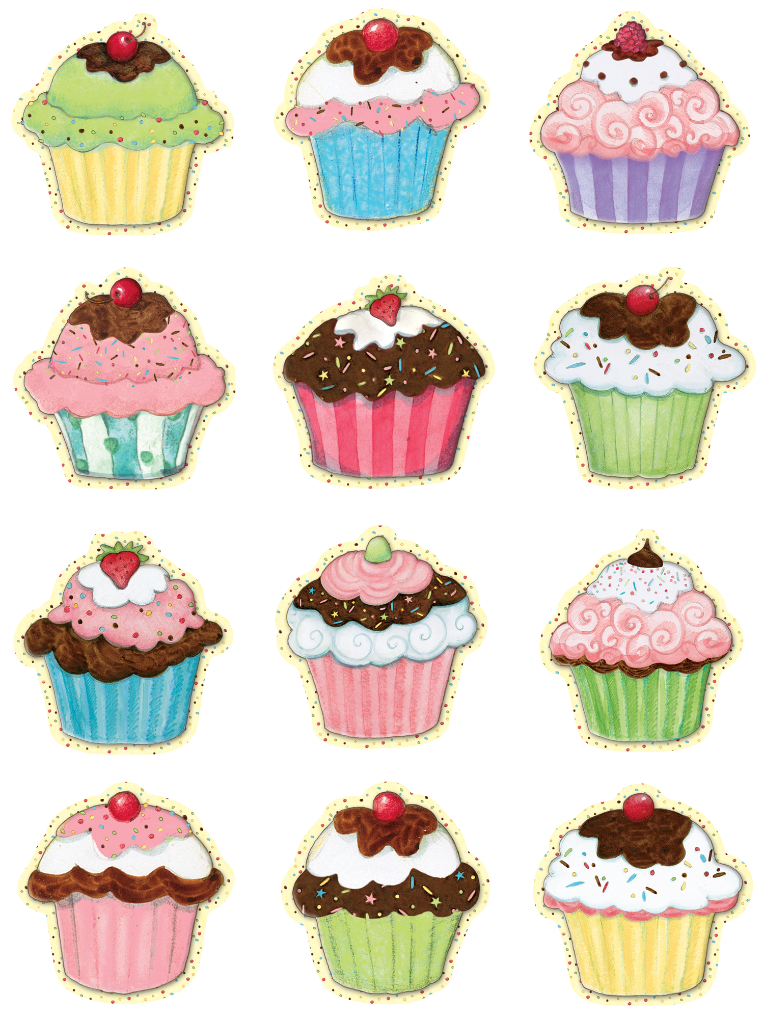 Twelve colorful illustrated cupcakes with frosting, sprinkles, cherries, and berries in pastel wrappers.