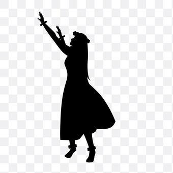 Silhouette of a woman in a flowing dress reaching upward with both hands, evoking grace and aspiration.