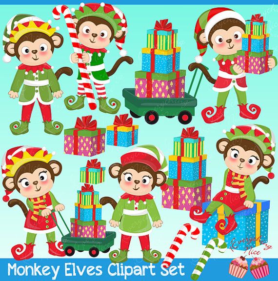 Monkey Elves Clipart Set - Cute Christmas Illustrations for Designers