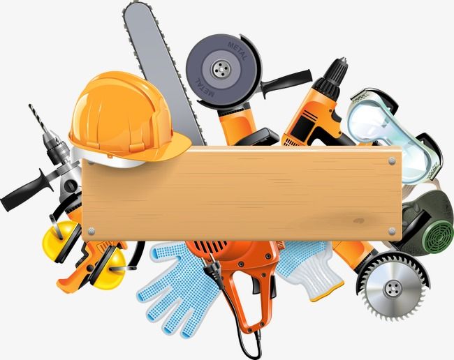 Construction and DIY tools including helmet, saws, drill, gloves, goggles, and respirator arranged around a wooden signboard.