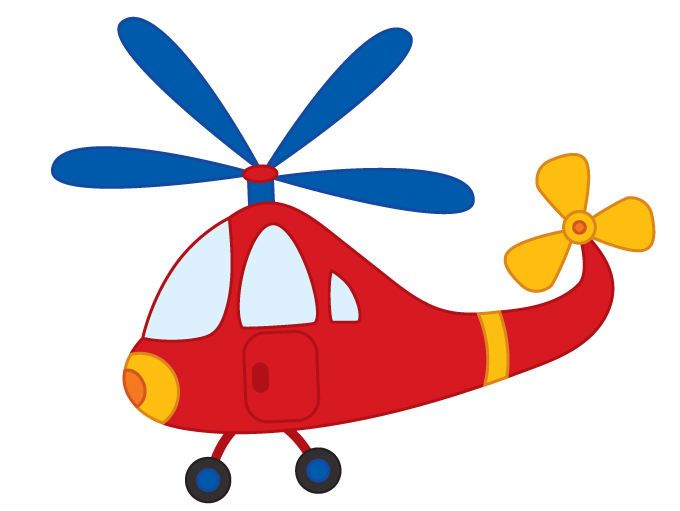 Red cartoon helicopter with blue main rotor, yellow tail rotor, and black wheels on white background.