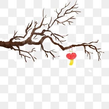 Red Lantern on Bare Branch - Traditional East Asian Art Illustration