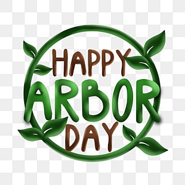 Happy Arbor Day logo with green leafy wreath and brown/green text on transparent background.