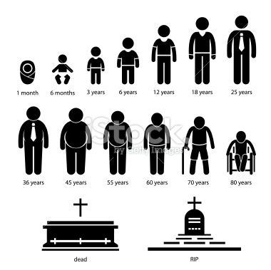 Human life cycle infographic from birth to death, showing age milestones and physical changes including aging, obesity, disability, and burial.