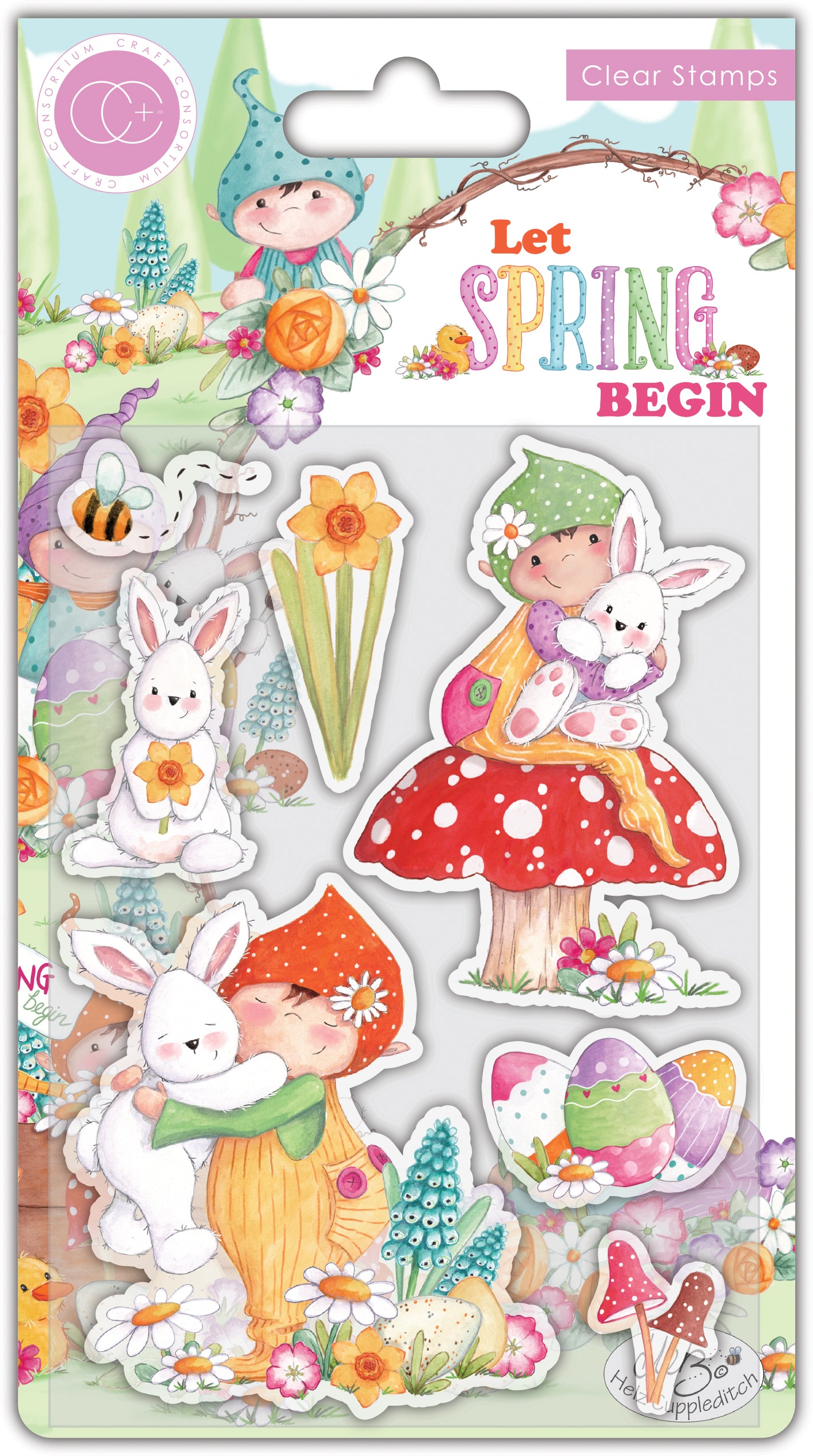 Clear stamp set featuring whimsical spring-themed illustrations including gnomes, bunnies, mushrooms, flowers, and Easter eggs.