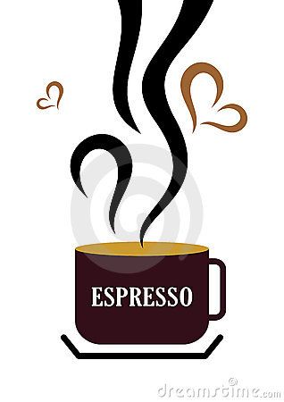 Steaming espresso cup with heart-shaped steam swirls and "ESPRESSO" text on a saucer.