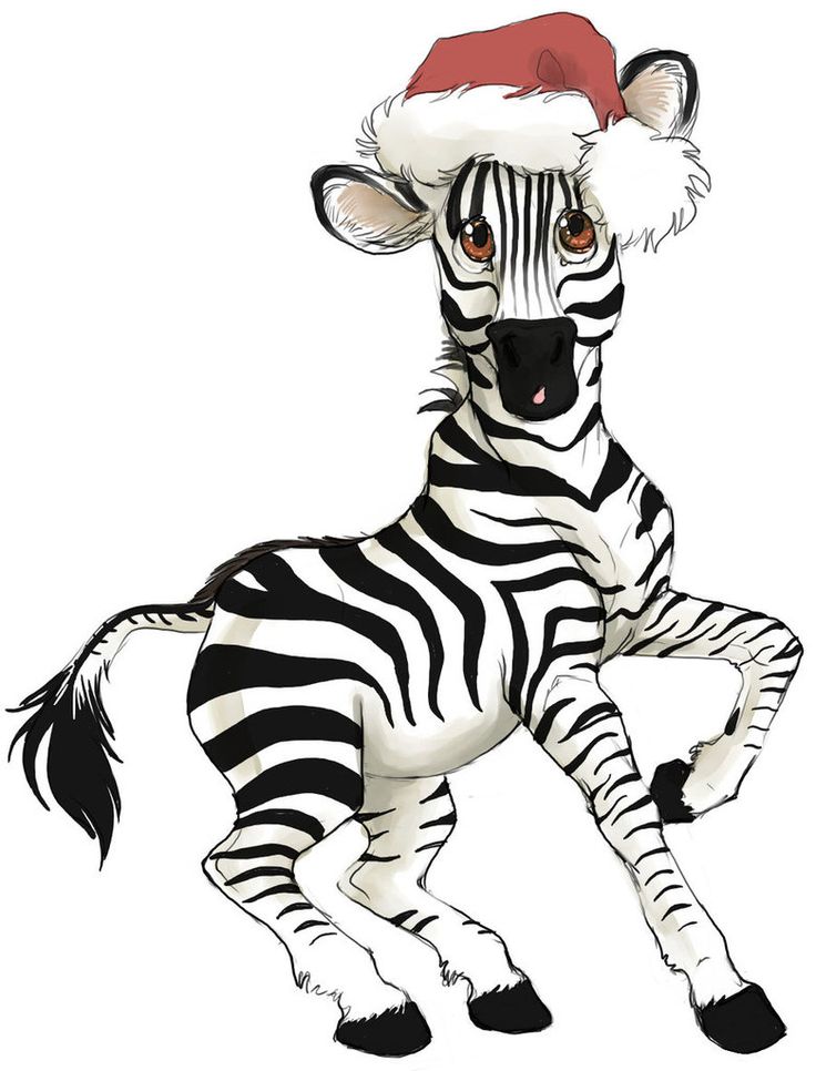 Festive baby zebra wearing a red Santa hat, playfully rearing up with expressive eyes and striped coat.