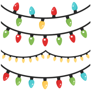 Four strands of colorful cartoon-style string lights with red, green, blue, yellow bulbs on black wires against white background.