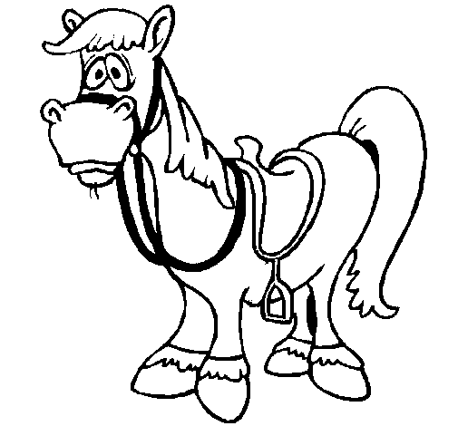Cartoon horse with saddle and bridle, expressive eyes, and flowing mane, ready for coloring or illustration.