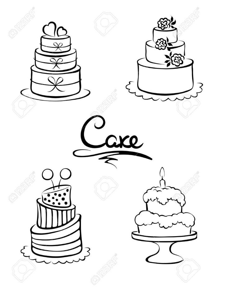 Four hand-drawn black-and-white cake illustrations with decorative elements and the word "Cake" in script.