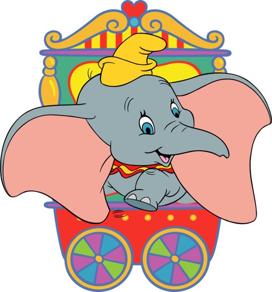 Dumbo the flying elephant in a colorful circus wagon, wearing a yellow hat and red collar, smiling joyfully.