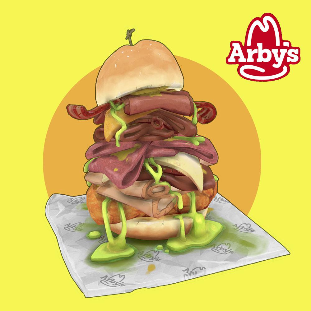 A towering, exaggerated Arby's sandwich loaded with meats, cheese, and green sauce, dripping messily onto branded paper against a yellow background.