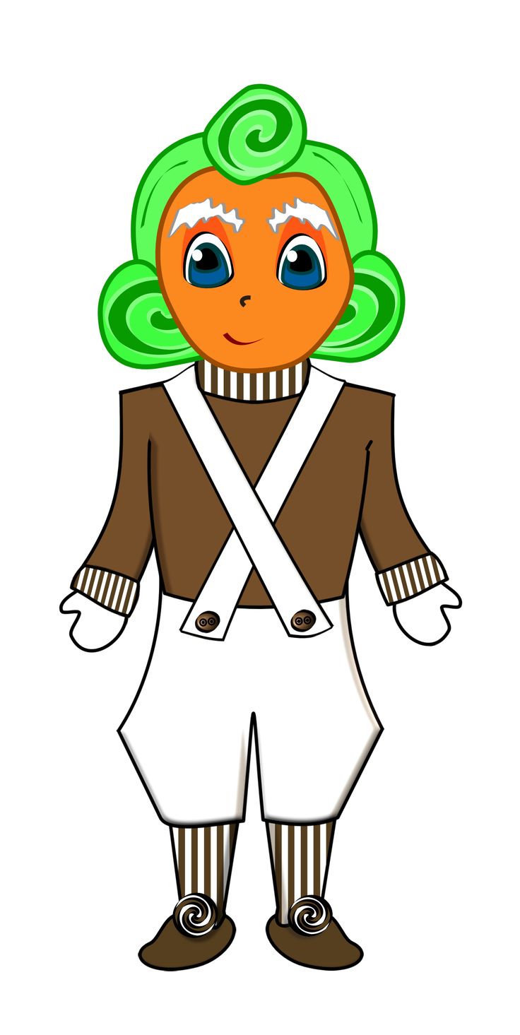 Cartoon character with orange face, green spiral hair, brown vest, white pants, and striped socks.
