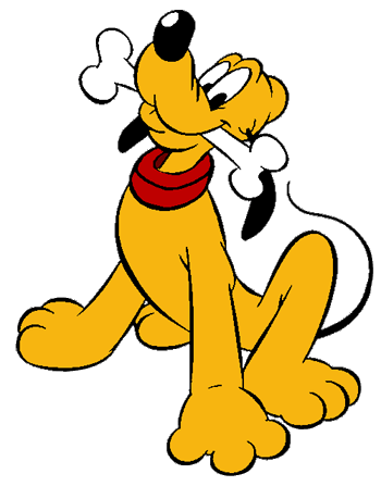 Pluto the Disney dog sitting with a bone in his mouth, wearing a red collar.