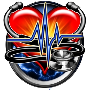 A vibrant medical logo featuring a red heart, blue EKG waveform, and stethoscope within a metallic shield.