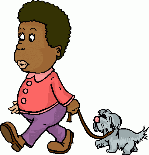 A young Black child with an afro walks a small gray dog on a leash, wearing a pink shirt and purple pants.