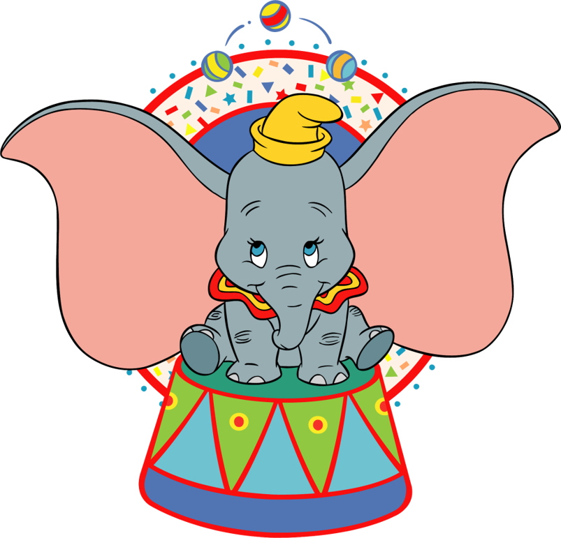 Dumbo the elephant in a yellow hat, sitting on a circus pedestal with large ears spread and colorful confetti background.