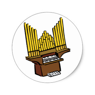 Cartoon illustration of a pipe organ with golden pipes, wooden console, and keyboard on white background.