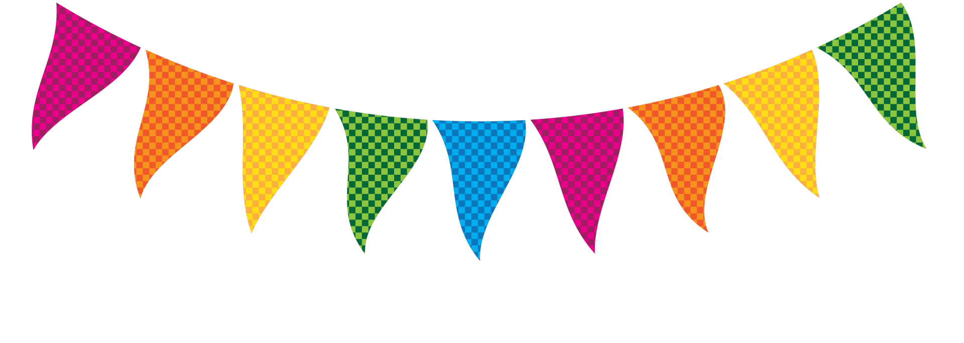 Colorful checkered bunting flags in pink, orange, yellow, green, and blue on a black string against white background.