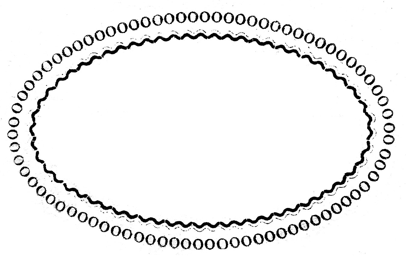 Decorative oval border with double wavy lines and outer ring of small circles, black-and-white line art design.