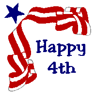 Patriotic red-white striped ribbon with blue star and "Happy 4th" text on pale yellow background.