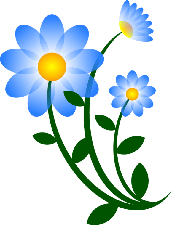 Three stylized blue daisies with yellow centers and green stems on a black background.