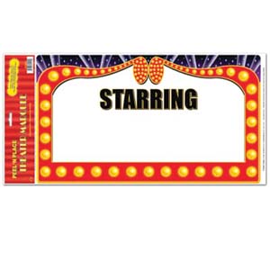 Vintage-style marquee sign with "STARRING" text, red border, yellow bulbs, and decorative bow.