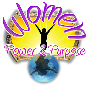 Purple "Women Power & Purpose" logo with silhouette of woman raising arms over globe and golden frame.