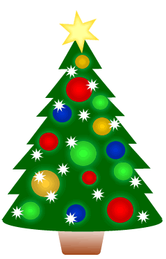 A festive green Christmas tree decorated with red, blue, green, and gold ornaments, white stars, and a yellow star on top.