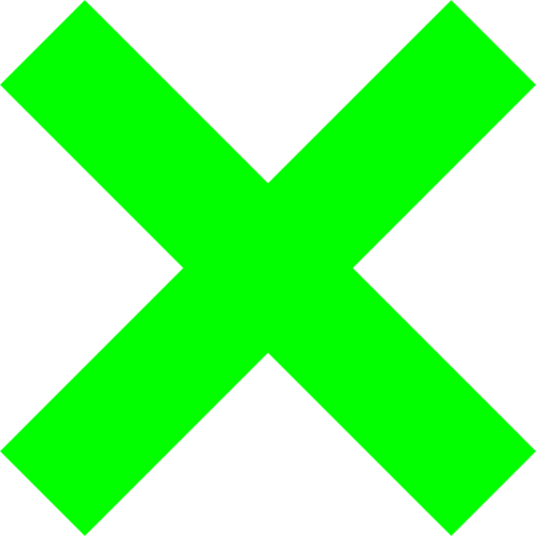 Bright green X symbol on a black background, indicating cancellation, error, or selection.