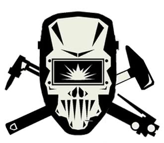 Skull-faced welding mask with crossed hammer and wrench, symbolizing industrial craftsmanship and safety.