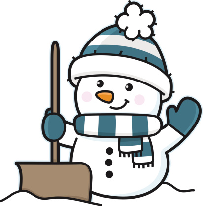 Cheerful snowman wearing striped hat and scarf, holding a shovel and waving.