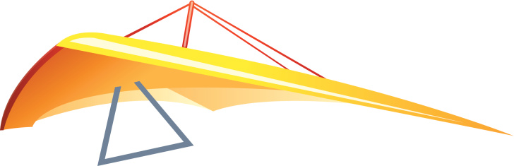 Stylized illustration of a yellow and orange hang glider with red control lines and a gray triangular frame.