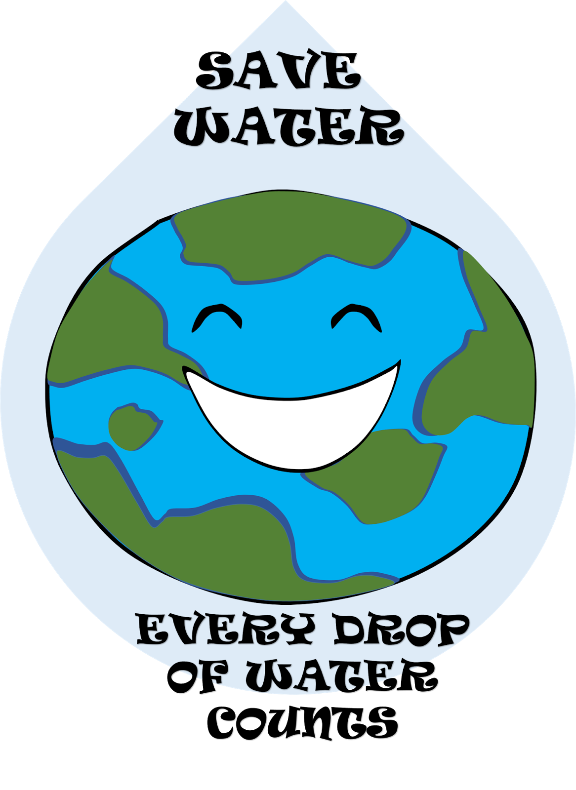 Smiling Earth inside a water droplet with "Save Water" and "Every Drop of Water" text.