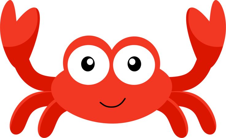 Cheerful red cartoon crab with big eyes and raised claws, smiling on white background.