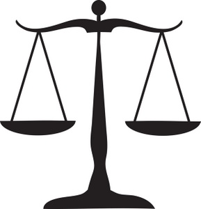 Black silhouette of balanced scales of justice symbolizing fairness and law.